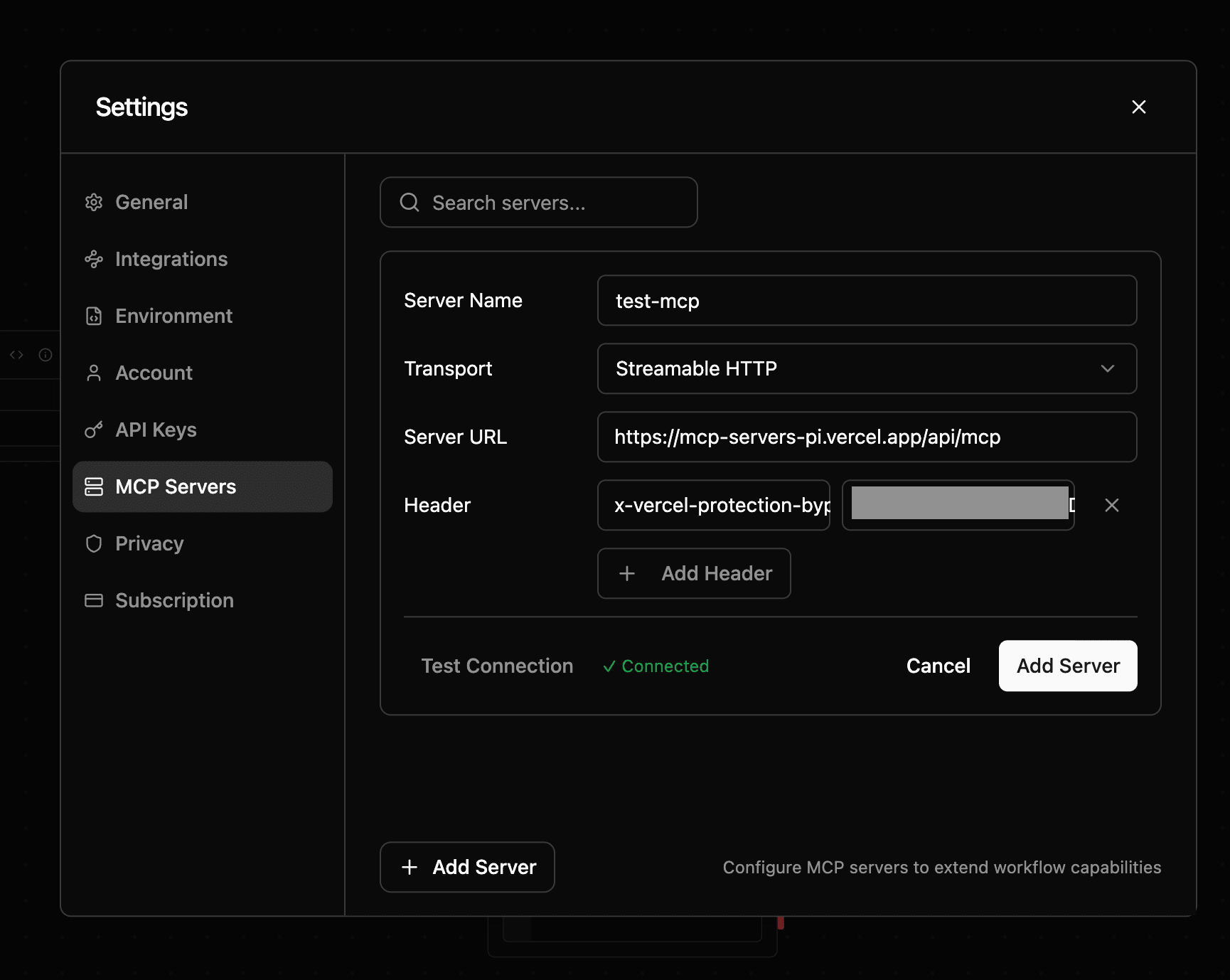 Configuring MCP Server in Settings